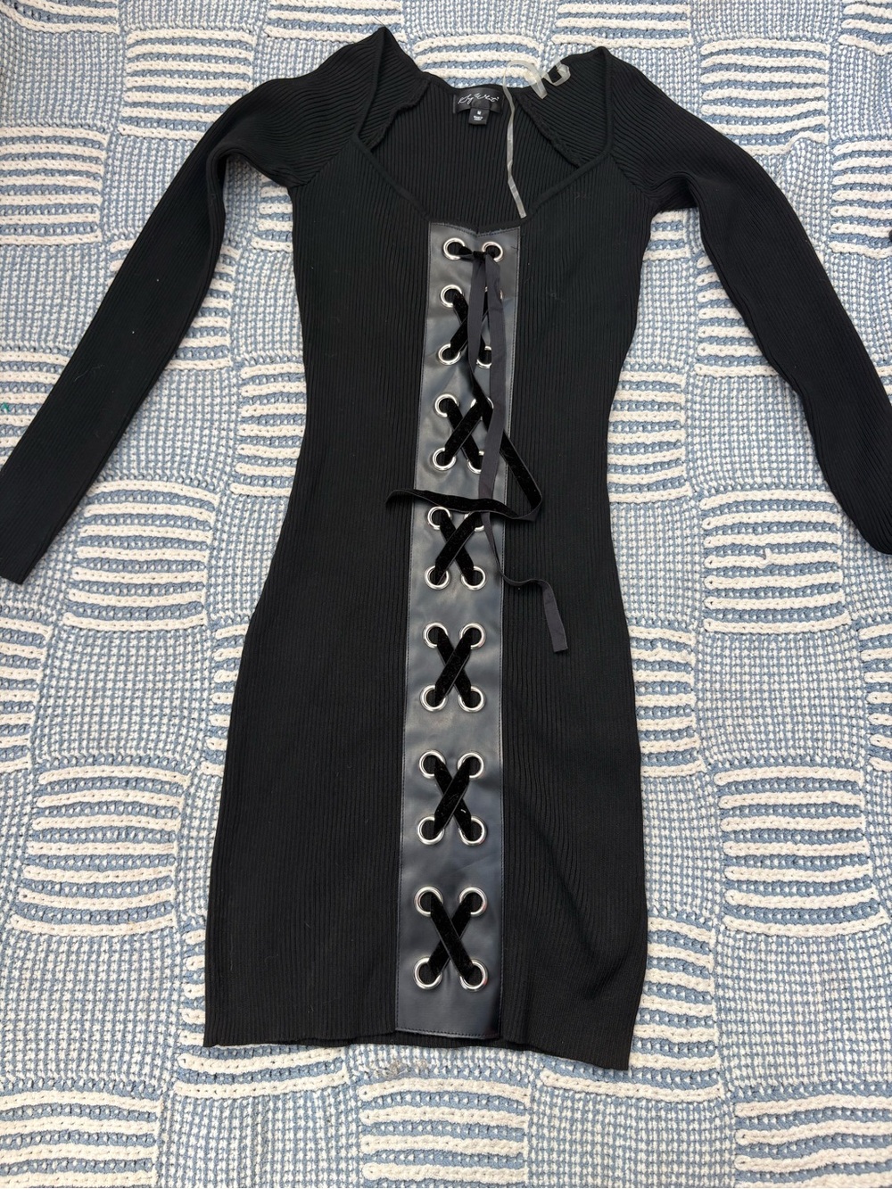 Say What? Black Ribbed Lace-Up Long Sleeve Bodycon Dress